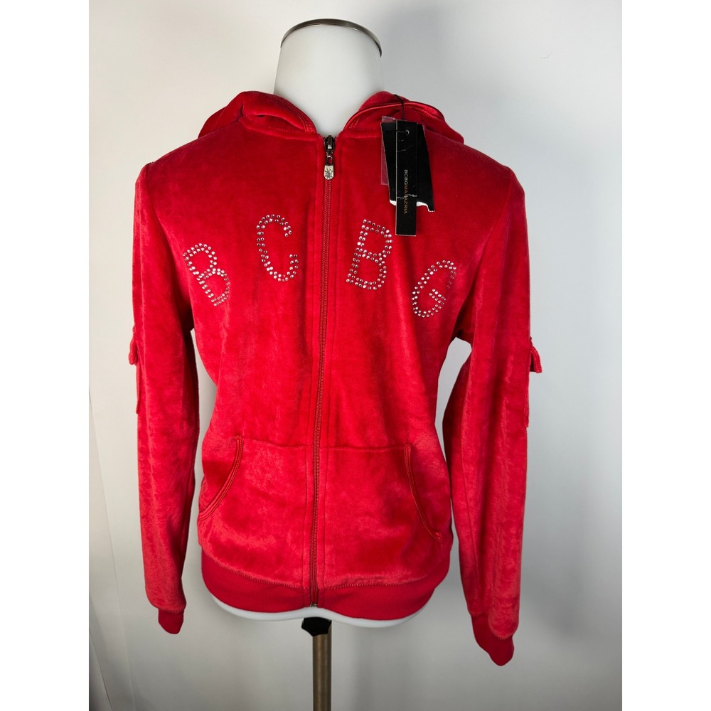 NWT BCBGMAXAZRIA Red Velour Rhinestone Logo Zip Up Hoodie Womens Small NWT Y2K